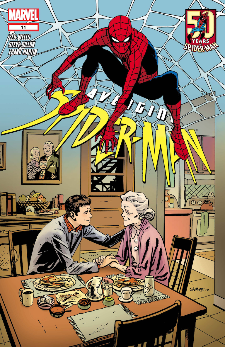 Cover of Avenging Spider-Man #11, featuring Spider-Man looking down at his younger self as Peter Parker sharing a moment with Aunt May at the dinner table.